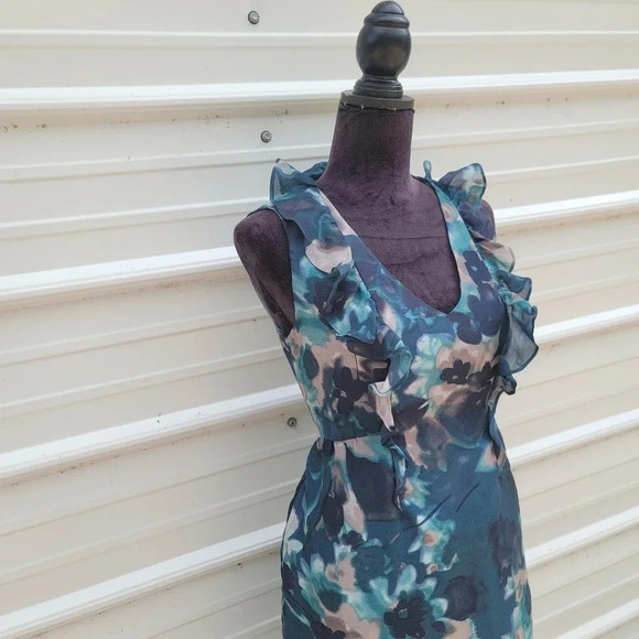 Ann Taylor LOFT Gray Turquoise Blue Watercolor Sheath Ruffle Dress V-Neck Sz 6 - Picture 3 of 12